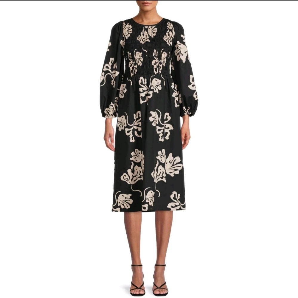 NWOT The Get Long Sleeve Tie Back Midi Dress Women's 1X Plus Black Cream Smocked